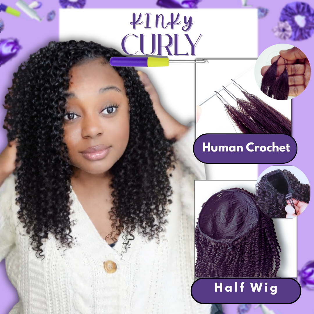 KINKY Curly 10pc Human Crochet + HALF Wig