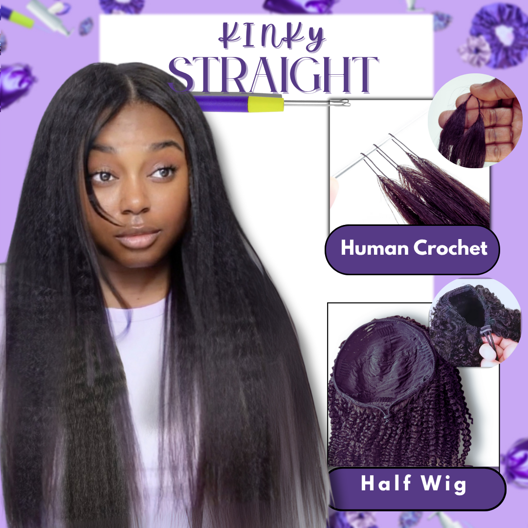KINKY STRAIGHT 10pc Human Crochet + HALF Wig