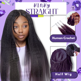 KINKY STRAIGHT 10pc Human Crochet + HALF Wig